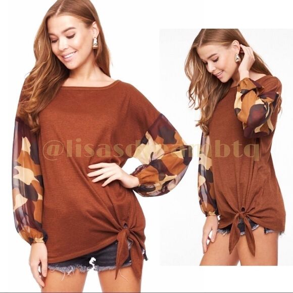 Contrast Pecan Brown Camo Print Front Tie Top - Picture 1 of 8